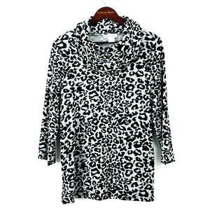 Rebecca Malone Sweater Womens Sz L Black Leopard Cowl Neck Boho Casual 1179H
